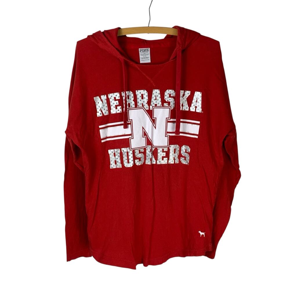 Victoria’s Secret Pink Nebraska Huskers Hoodie Tee Red Sparkle Logo S